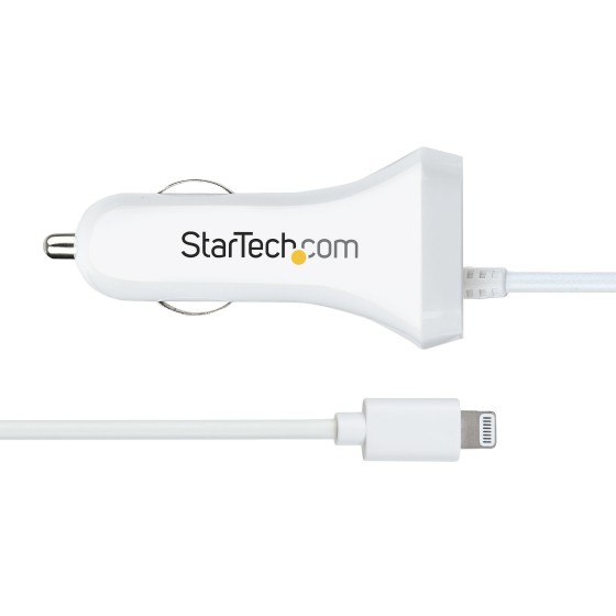 StarTech.com Chargeur Voiture Lightning avec Câble Spiralé de 1m - Blanc - Adaptateur d'alimentation pour voiture - 12 Watt - 4.2 A - 2 connecteurs de sortie (USB, Lightning) - blanc