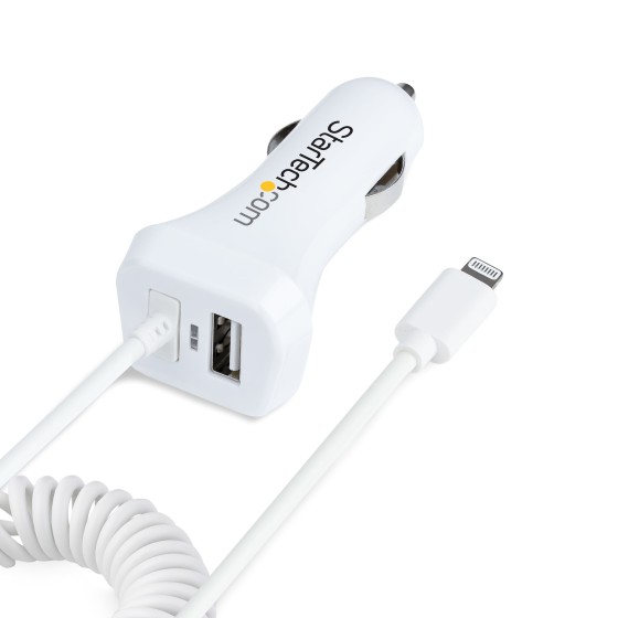 StarTech.com Chargeur Voiture Lightning avec Câble Spiralé de 1m - Blanc - Adaptateur d'alimentation pour voiture - 12 Watt - 4.2 A - 2 connecteurs de sortie (USB, Lightning) - blanc