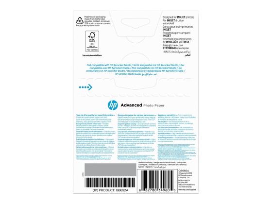 HP original Q8692A Advanced glossy photo paper Ink cartridge 250g/m2 100x150mm 100 sheets 1-pack borderless