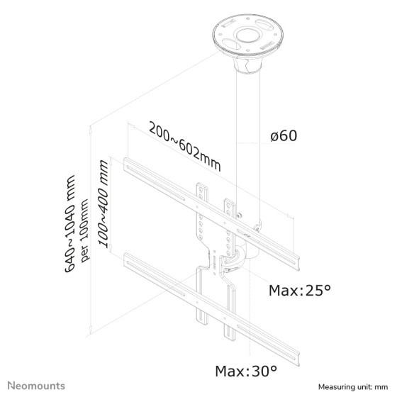 NEOMOUNTS FPMA-C400SILVER Support de plafond pour écran de 32-60p - h 64-104 cm