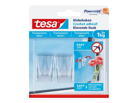 1 Blister de 2 Crochets adhésifs pour verre et surfaces transparentes 1Kg - TESA
