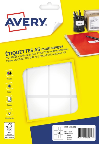 1 192 étiquettes multi, usages AVERY 56x34 mm, blanc