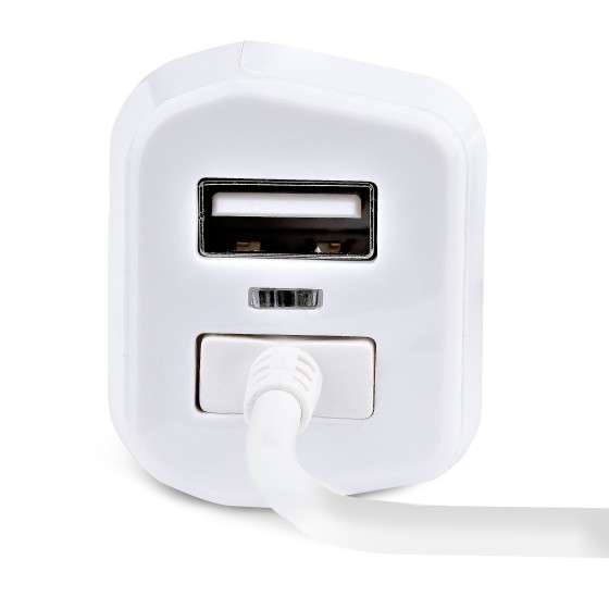 StarTech.com Chargeur Voiture Lightning avec Câble Spiralé de 1m - Blanc - Adaptateur d'alimentation pour voiture - 12 Watt - 4.2 A - 2 connecteurs de sortie (USB, Lightning) - blanc