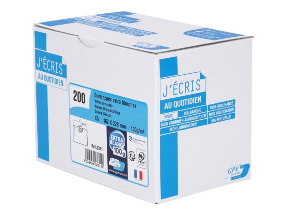 1 Boite de 200 Enveloppes blanches C5 100g bande de protection