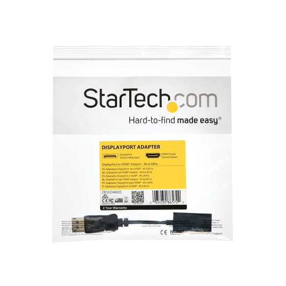 StarTech.com Adaptateur DisplayPort vers HDMI - Convertisseur DP vers HDMI - M/F - Ultra HD 4K 60 Hz - Noir (DP2HD4K60S) - Convertisseur vidéo - DisplayPort - HDMI - pour P/N: DK30C2DAGPD, TB32DP14, TB32DP2T, TB3DK2DHV, TB3DK2DHVUE