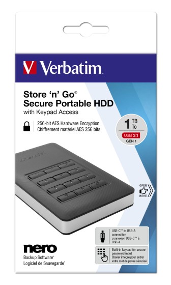 Verbatim Store 'n' Go Portable - Disque dur - chiffré - 1 To - externe (portable) - USB 3.1 Gen 1 (USB-C connecteur) - AES 256 bits