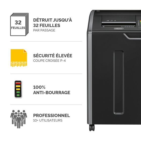 1 Destructeur collectif FELLOWES 425Ci 114L coupe croisée 32 feuilles