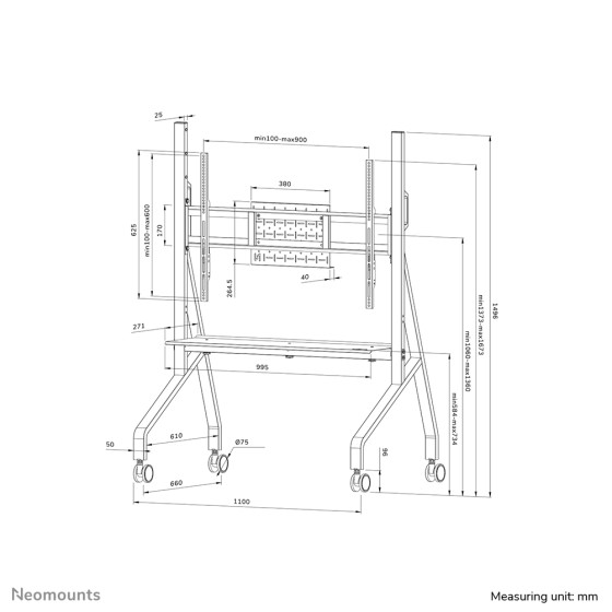 NEOMOUNTS FL50-525BL1 Support au sol mobile pour écran 55-86p - étagère multimédia incluse - installation rapide - TÜV