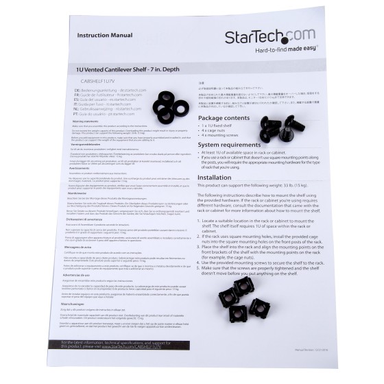 StarTech.com Étagère rack 1U - Ventilée - Profondeur de 175 mm - Acier - Étagère cantilever - Montable en armoire serveur (CABSHELF1U7V) - Étagère pour rack - noir - 1U - 7"