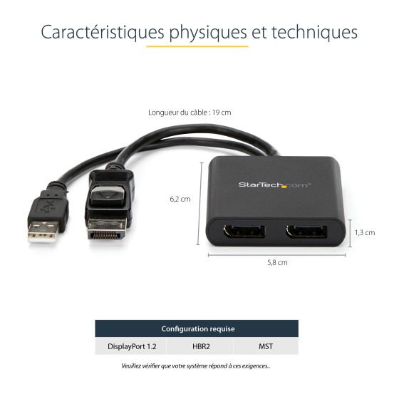 StarTech.com Splitter multi-écrans DisplayPort vers 2x DisplayPort - Hub MST à 2 ports - Répartiteur DP 1.2 vers 2x DP - Répartiteur video - 2 x DisplayPort - de bureau - pour P/N: SV231DPU34K