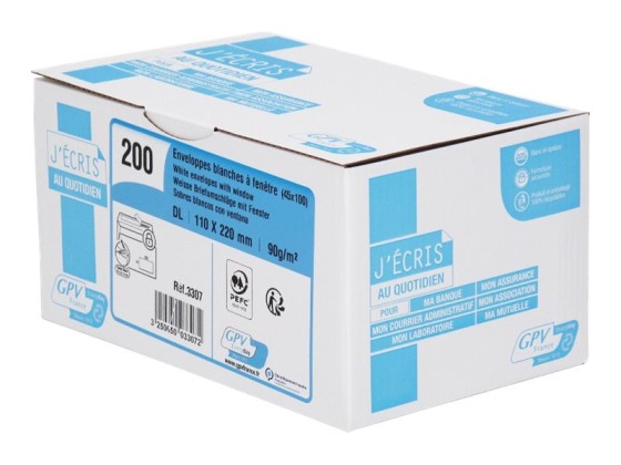 1 Boite de 200 Enveloppes bande siliconée blanches 110x220 mm avec fenêtre 45x100 90g