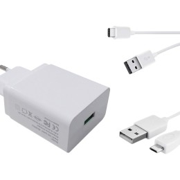 CHARGEUR SECTEUR USB 20W QUICK CHARGE QUALCOMM 3.0 AVEC UN CABLE USB TYPE-C ET UN CABLE MICRO USB. 1 port USB Quick Charge Qualcomm 3.0. Ampérage max: 3A. Livré avec cables USB-C et Micro USB. Compatible tablettes et smartphones.