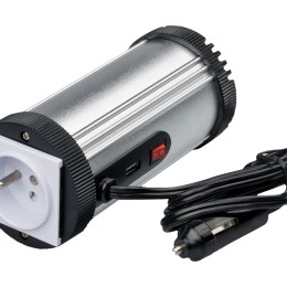 CONVERTISSEUR DE PRISE ALLUME-CIGARE 12V/220V UNIVERSEL 150W AVEC PORT USB 2,1A. Format canette. Cable 65cm. Protection anti-électrocution. Port USB 2.1A. Boitier argent. Compatible tout appareil consommant jusque 160W.