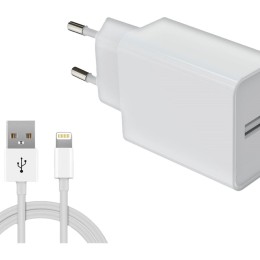 Chargeur secteur USB-A 12W avec câble APPLE Lightning - 1 port USB-A : 5V 2.4A (12W) - Longueur de câble : 1m - Blanc - Compatible smartphones et tablettes