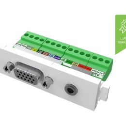 Module VGA et Minijack - prise VGA femelle 15 broches et prise minijack pour audio à l'avant - connecteurs phoenix à fils nus à l'arrière - convient aux câbles vision pré-terminés - s'intègre dans les entourages Techconnect - plastique - blanc