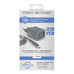 Force Power - Adaptateur secteur - 100 % de plastique recyclé - 3 A - Smart IC, Fast Charge (USB) - sur le câble : USB-C - gris