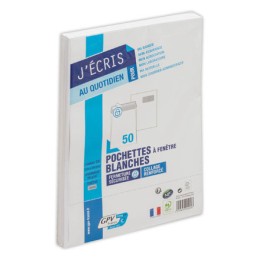 1 Lot de 50 Pochettes blanches bande siliconée 229x324 mm avec fenêtre 50x100 90g