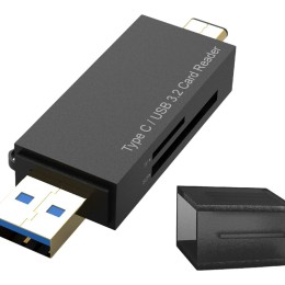 Lecteur de carte SD / Micro SD USB-C et USB-A - Plug and Play - Lecture simultanée de 2 cartes mémoires - Format compact - Livré avec dragonne - Noir