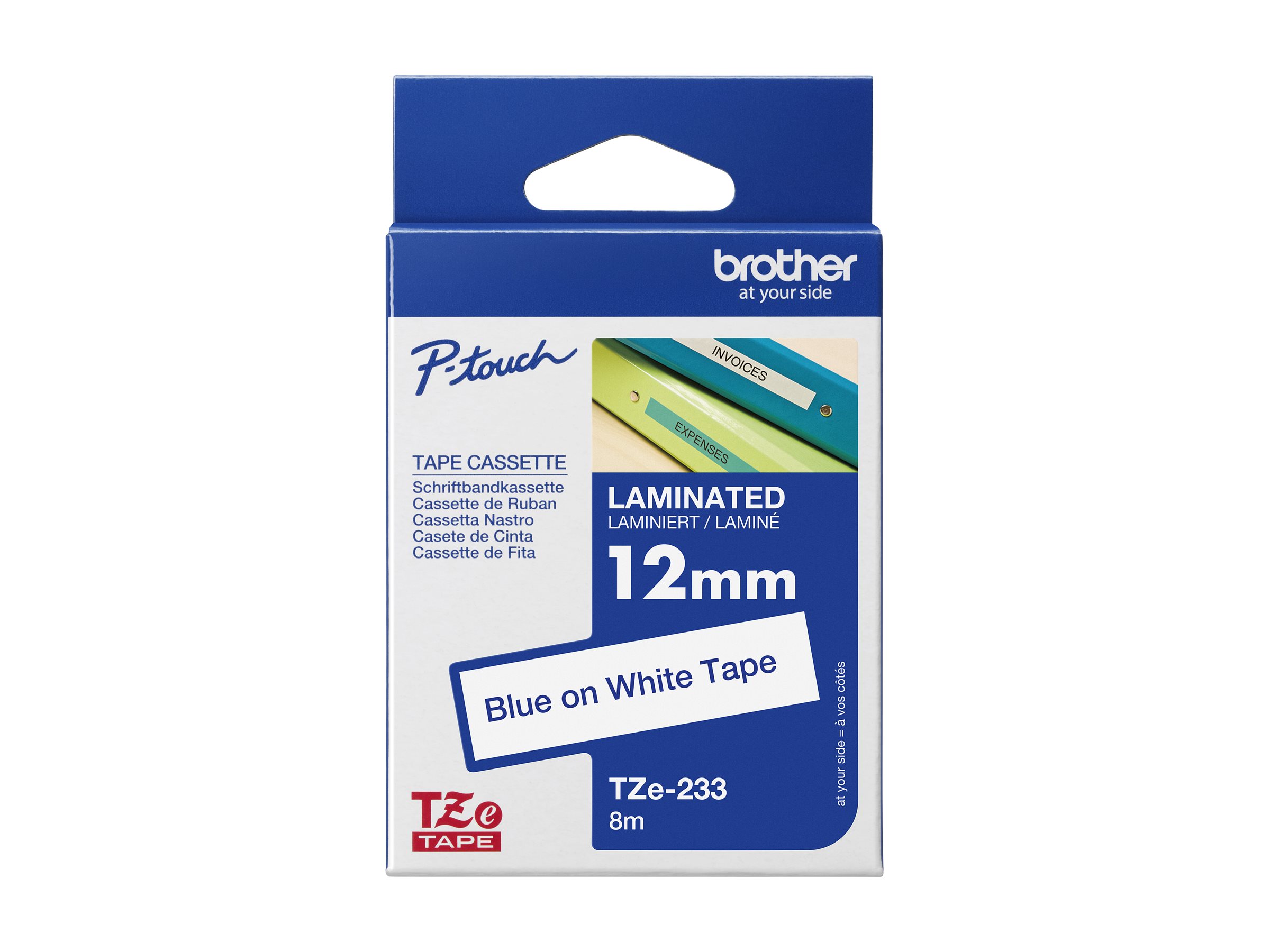 1 Ruban pour titreuse BROTHER TZ 233 12mm blanc impression bleue