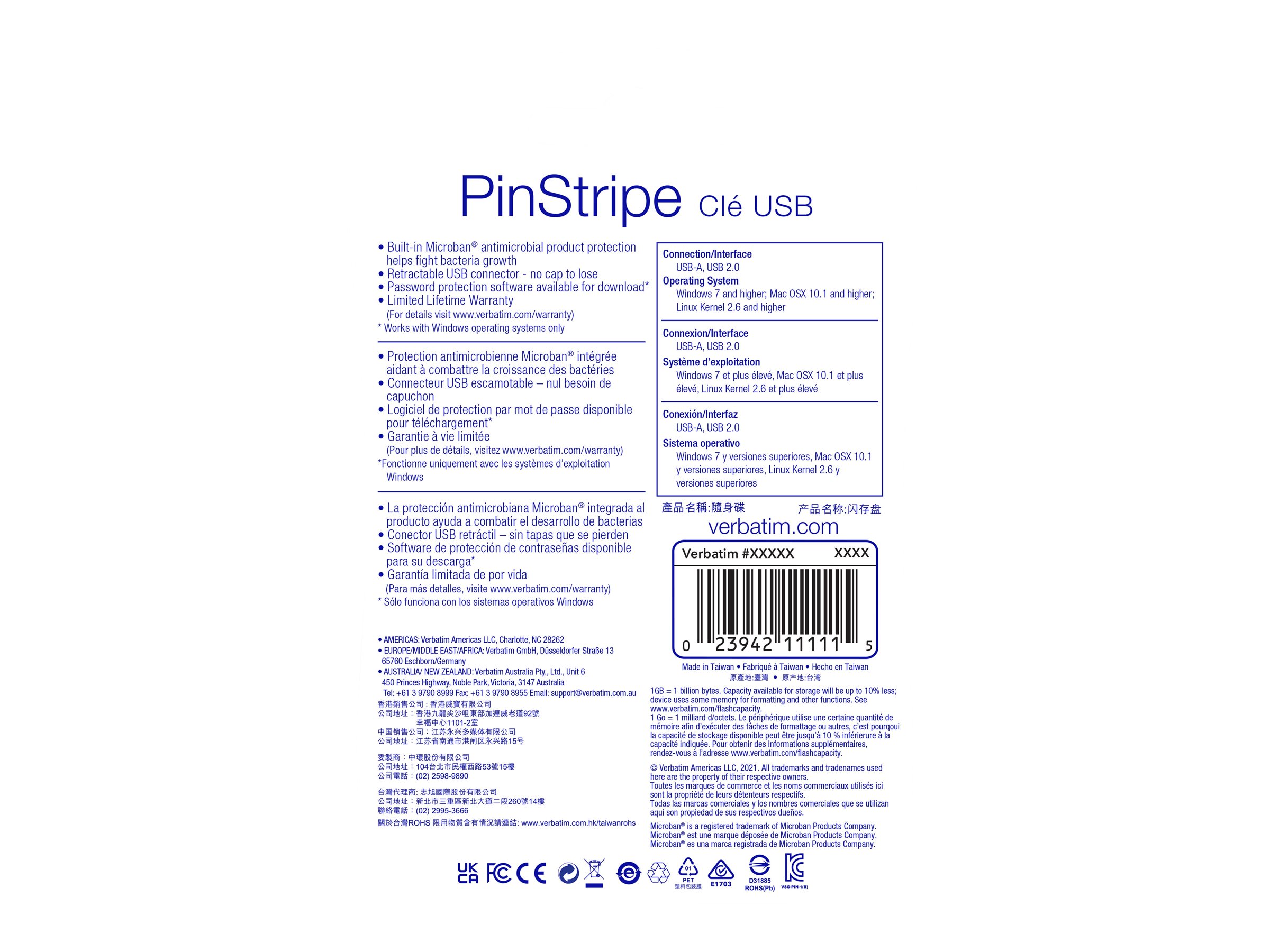 Verbatim Micro-clé USBPinStripe de 64 Go - noire