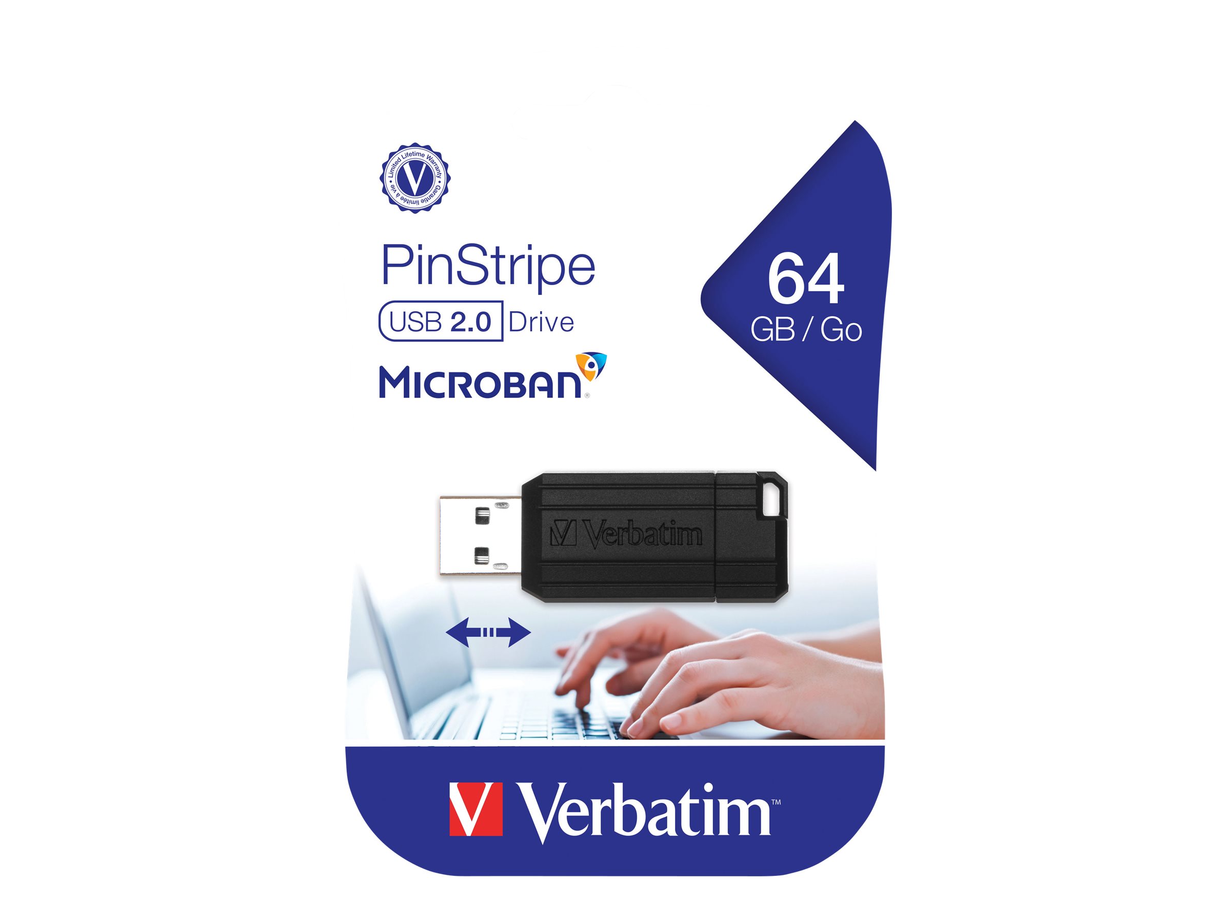 Verbatim Micro-clé USBPinStripe de 64 Go - noire