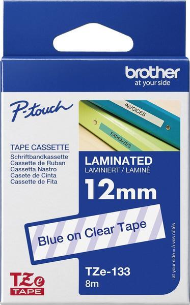 BROTHER Ruban TZe133 12mm Bleu sur fond Transparent Laminé 8M