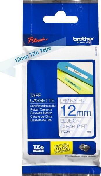 BROTHER Ruban TZe133 12mm Bleu sur fond Transparent Laminé 8M