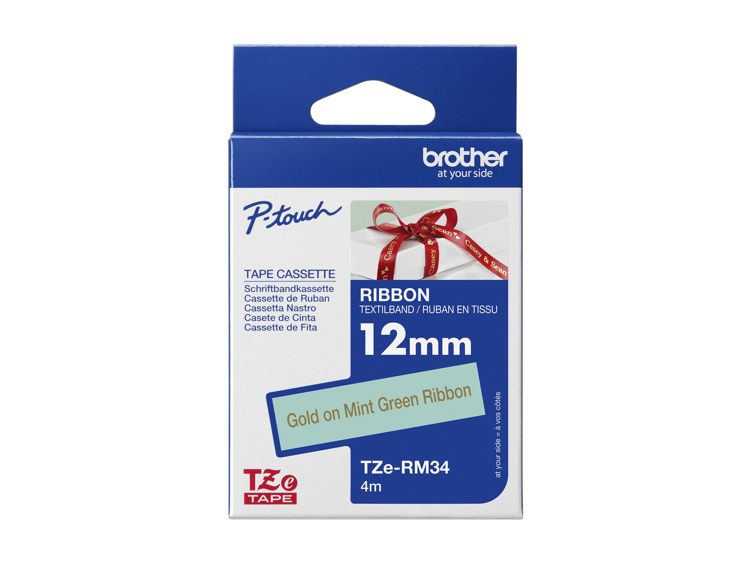 BROTHER P-Touch 12mm mint green/gold ribbon tape