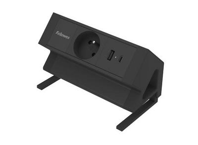 FELLOWES PRISE POUR BUREAU ÉLECTRIQUE TYPE E - NOIR Équipé de 1 x prise de courant 230v 1 x port USB-A 18w max et 1 x port USB-C