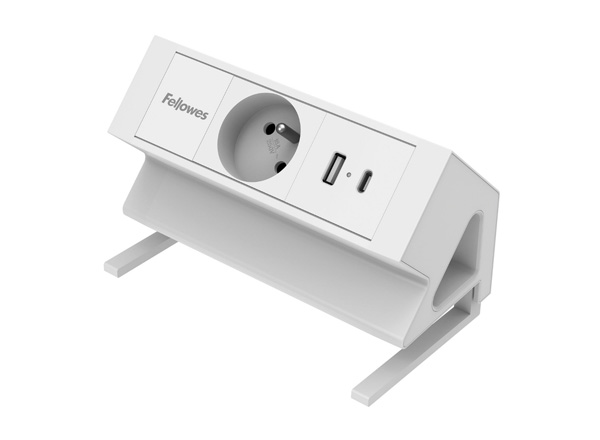 FELLOWES PRISE POUR BUREAU ÉLECTRIQUE TYPE E - BLANC Équipé de 1 x prise de courant 230v 1 x port USB-A 18w max et 1 x port USB-C