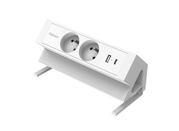 FELLOWES PRISE POUR BUREAU ÉLECTRIQUE TYPE E - BLANC Équipé de 2 x prise de courant 230v 1 x port USB-A 18w max et 1 x port USB-C