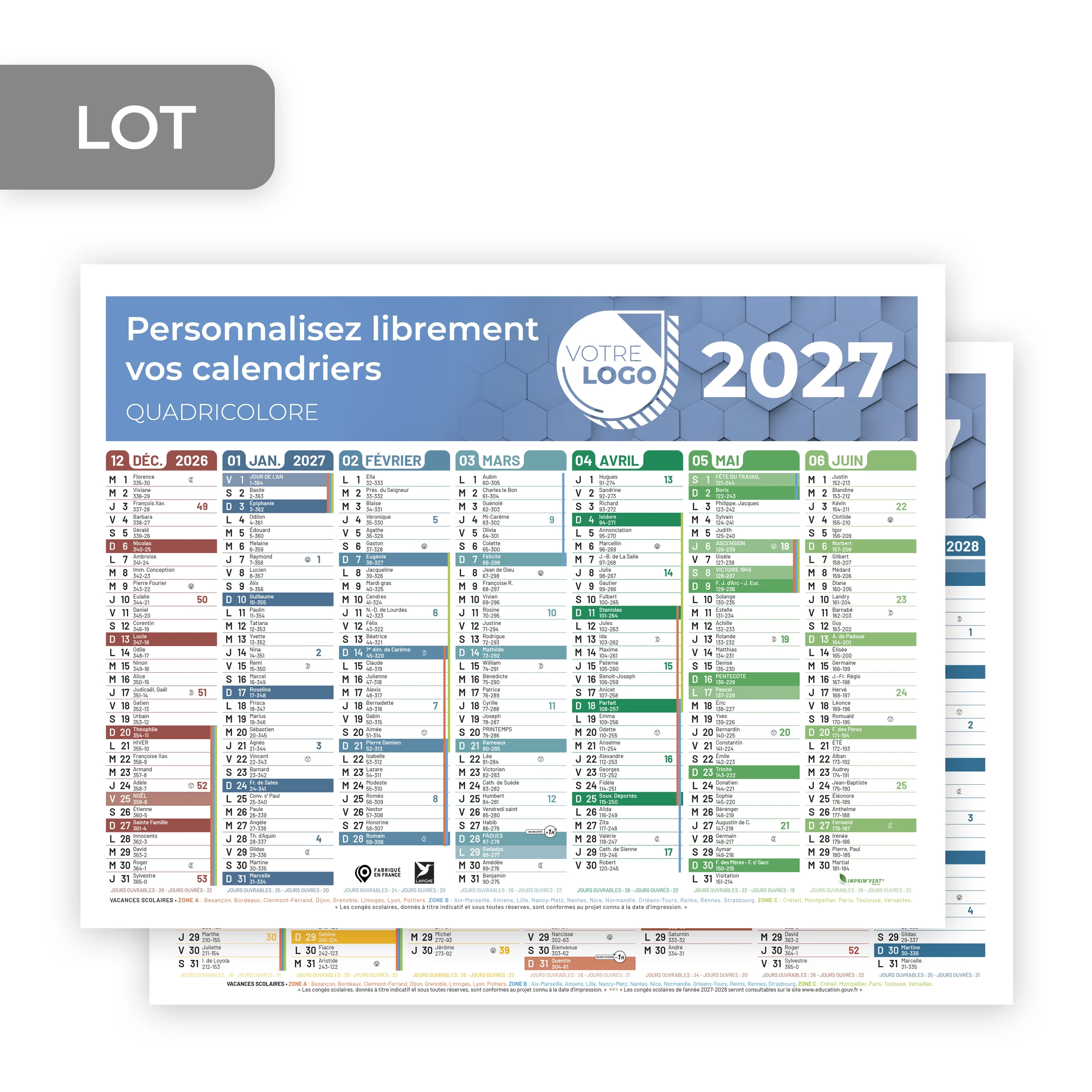 CALENDRIER COULEUR PETIT FORMAT (21 X 27 CM) - PERSONNALISABLE