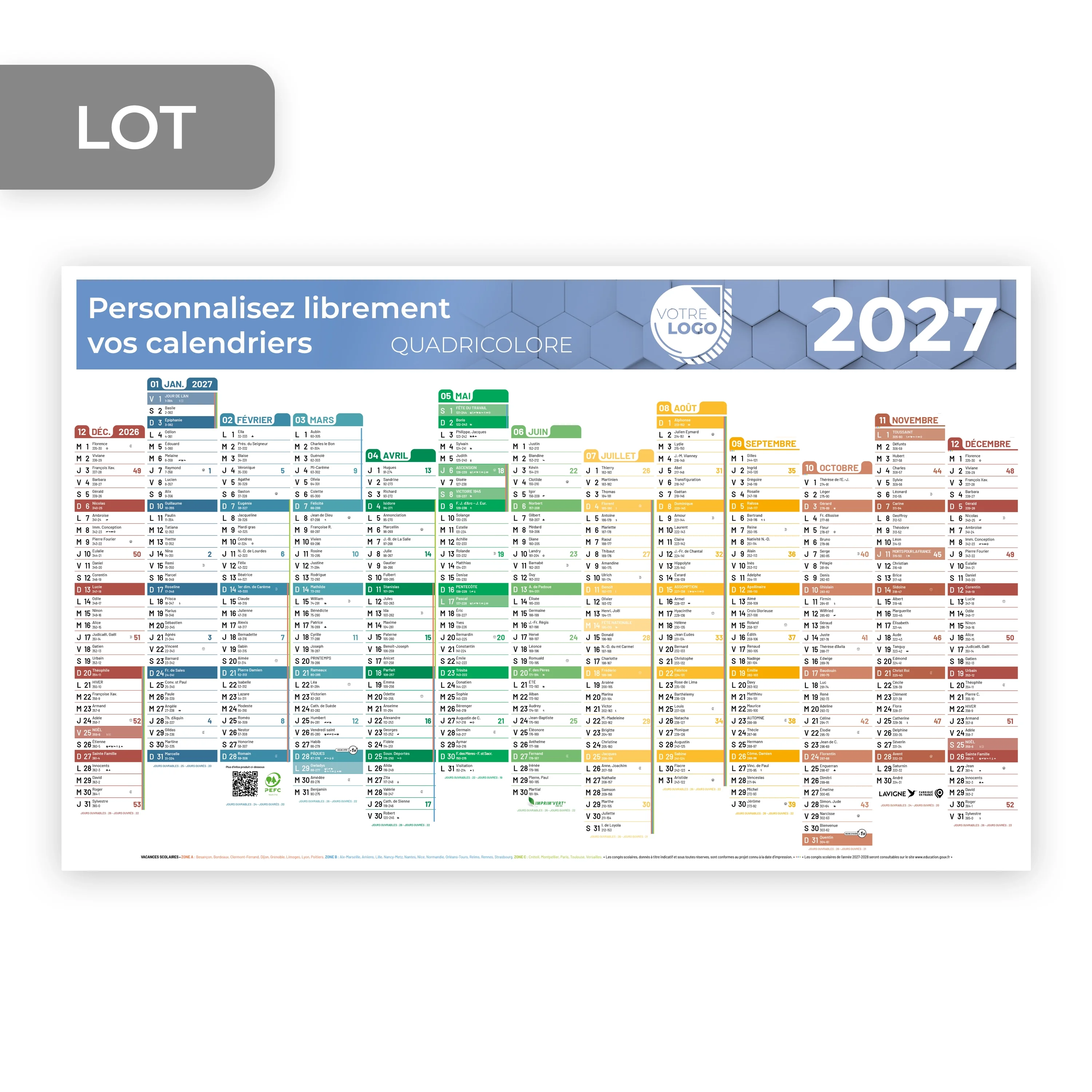 CALENDRIER MAXI COULEUR  (63 x 40,5 CM) - PERSONNALISABLE