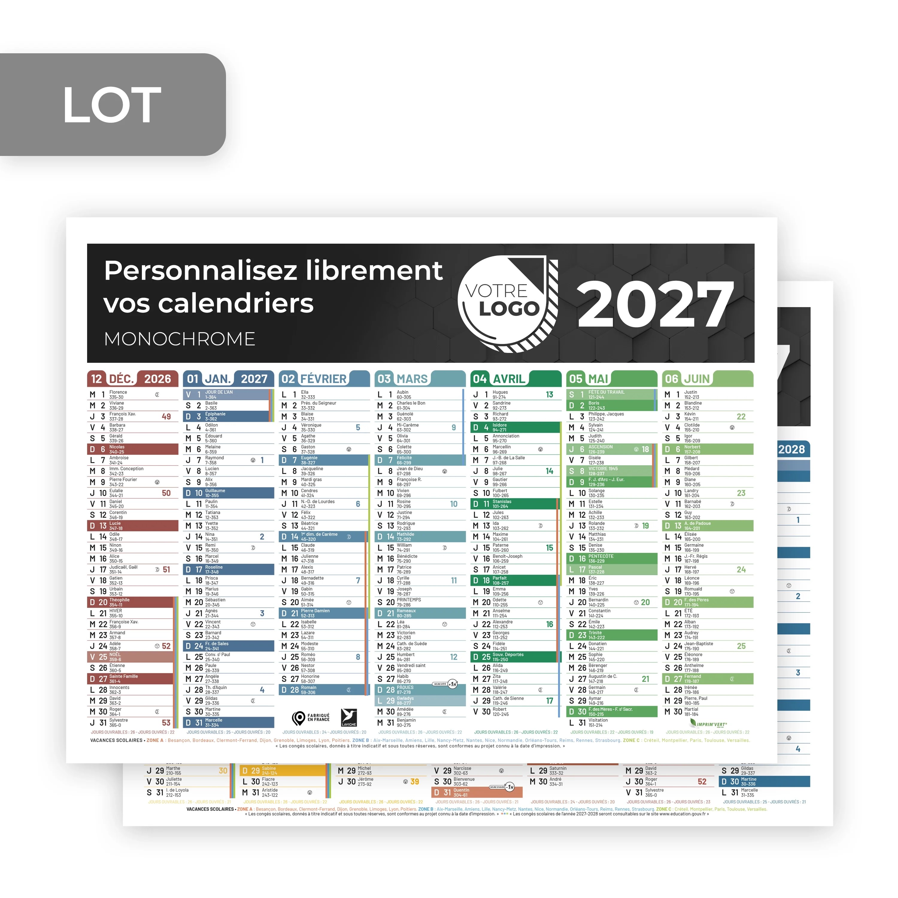 CALENDRIER MONOCHROME PETIT FORMAT (21 X 27 CM) - PERSONNALISABLE