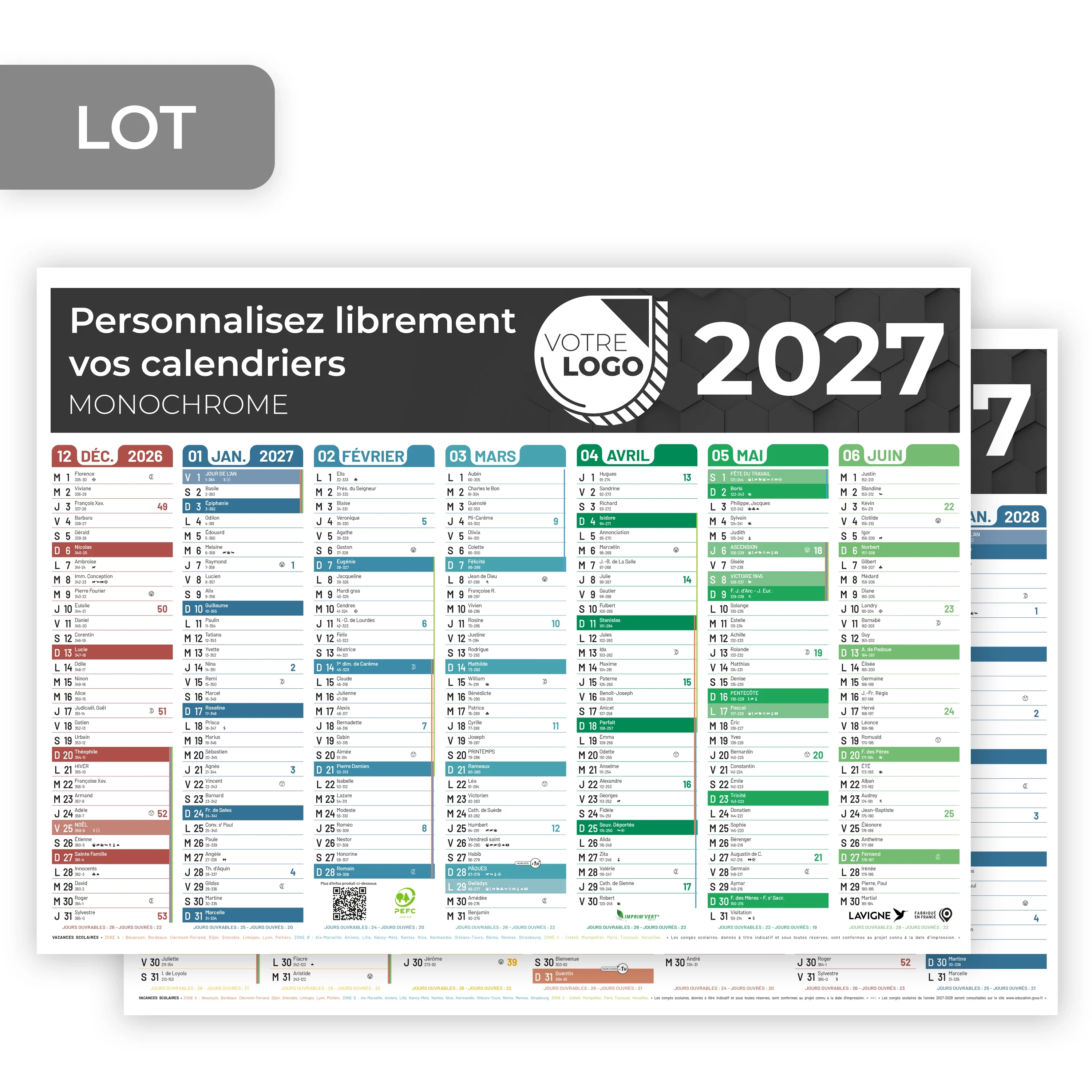 CALENDRIER MONOCHROME  (53 x 40,5 CM) - PERSONNALISABLE