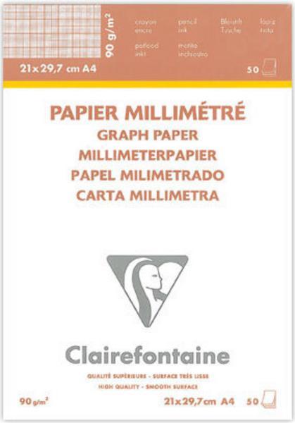 1 BLOC PAP VELIN MILLIMETRE ENCOLLE A4 50 Feuilles 90g