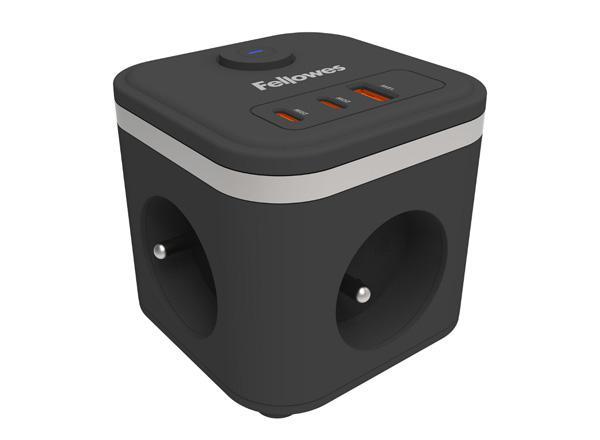 FELLOWES POWER CUBE TYPE E - NOIR MULTI PRISE Équipé de 3 x prises de courant 230v 1 x port USB-A 18W max et 2 x ports USB-C 20W max
