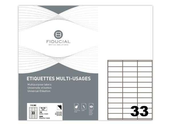 1 Boite de 100 Planches d'étiquettes FIDUCIAL coins carrés 70x25 mm 3300 étiq/boîte