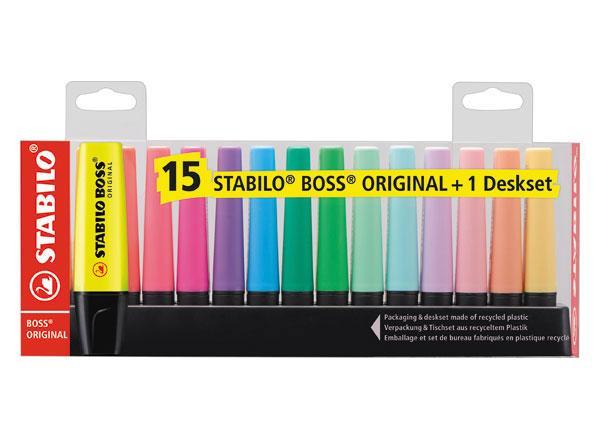 1 Lot de 15 Surligneurs STABILO Boss Original + support de bureau