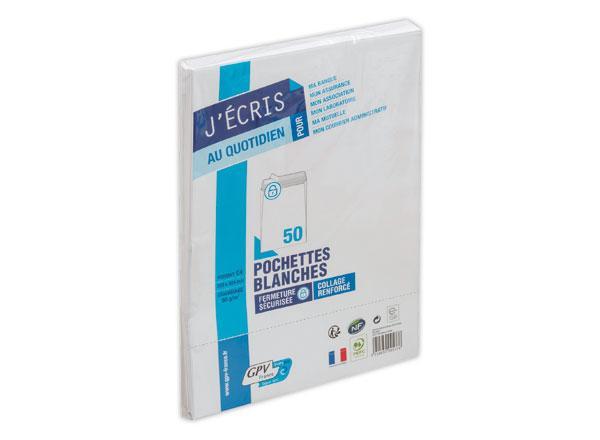 1 Lot de 50 Pochettes blanches bande siliconée 229x324 mm sans fenêtre 90g