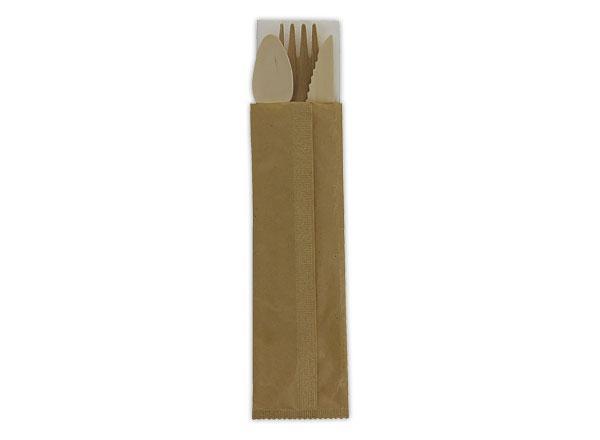 1 Carton de 250 Kit 3 couverts biodégradables et compostables en bois + Serviette blc