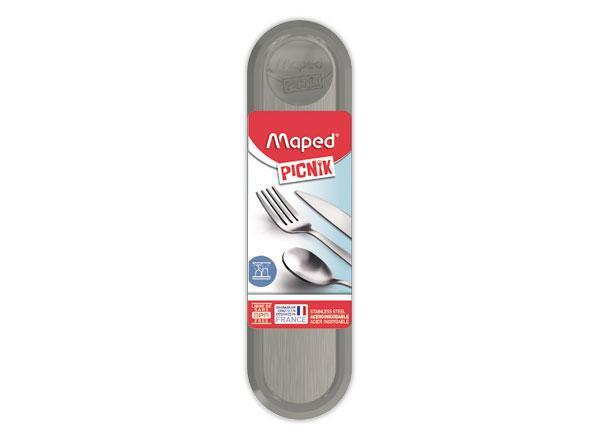 1 Boîte plastique contenant fourchette, couteau et petite cuillère. Gris