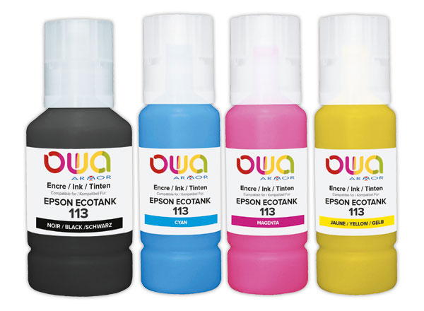 1 Pack 4 bouteilles d'encre noir et couleurs OWA compatibles EPSON 113