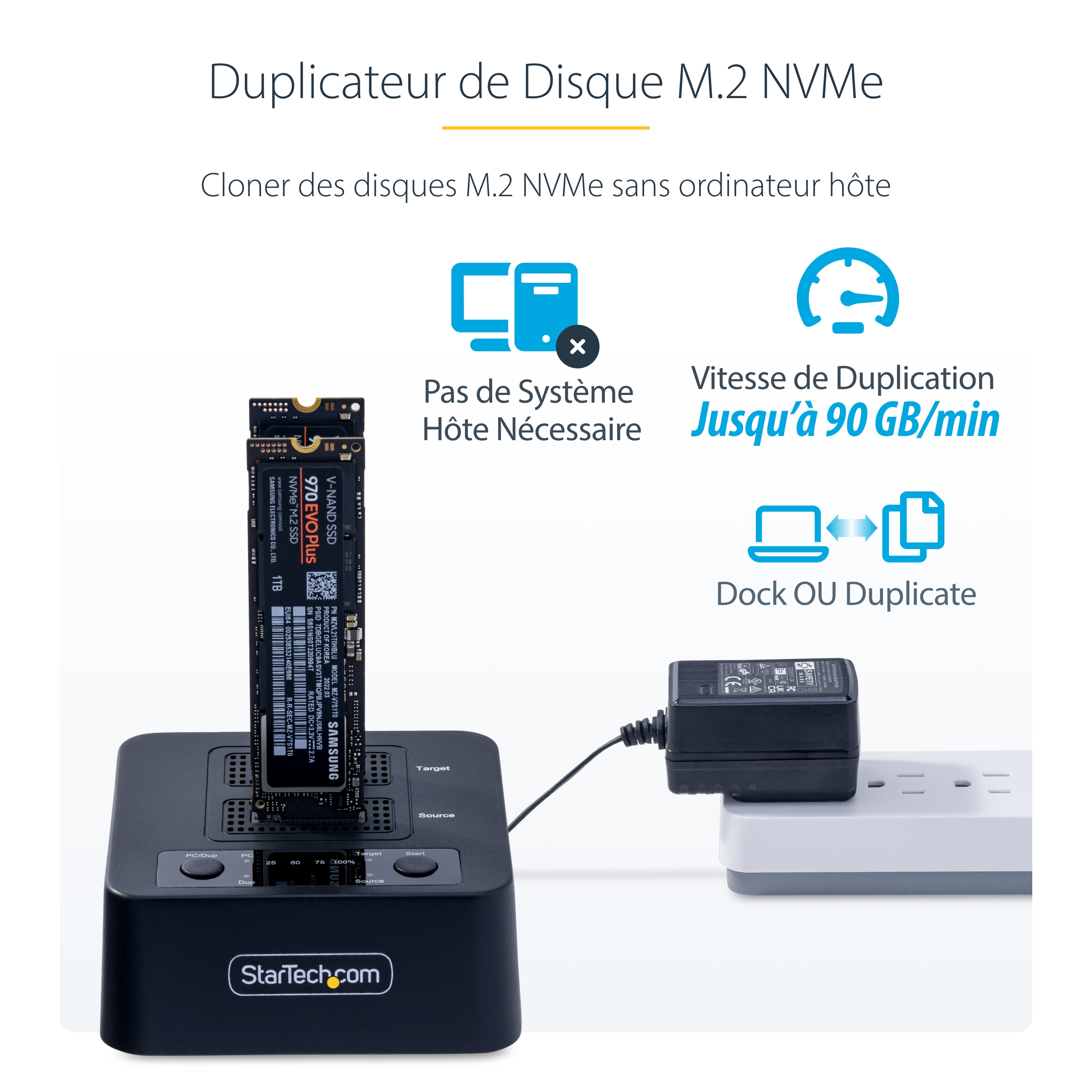 StarTech.com Duplicateur de Disque M.2 NVMe 1:1, Clonage/Copie Autonome de SSD M.2 Jusqu'à 90Go/min, Station d'Accueil de Disque Dur M.2 USB 3.2 20 Gbps à Deux Baies, Câbles USB-C/A Inclus