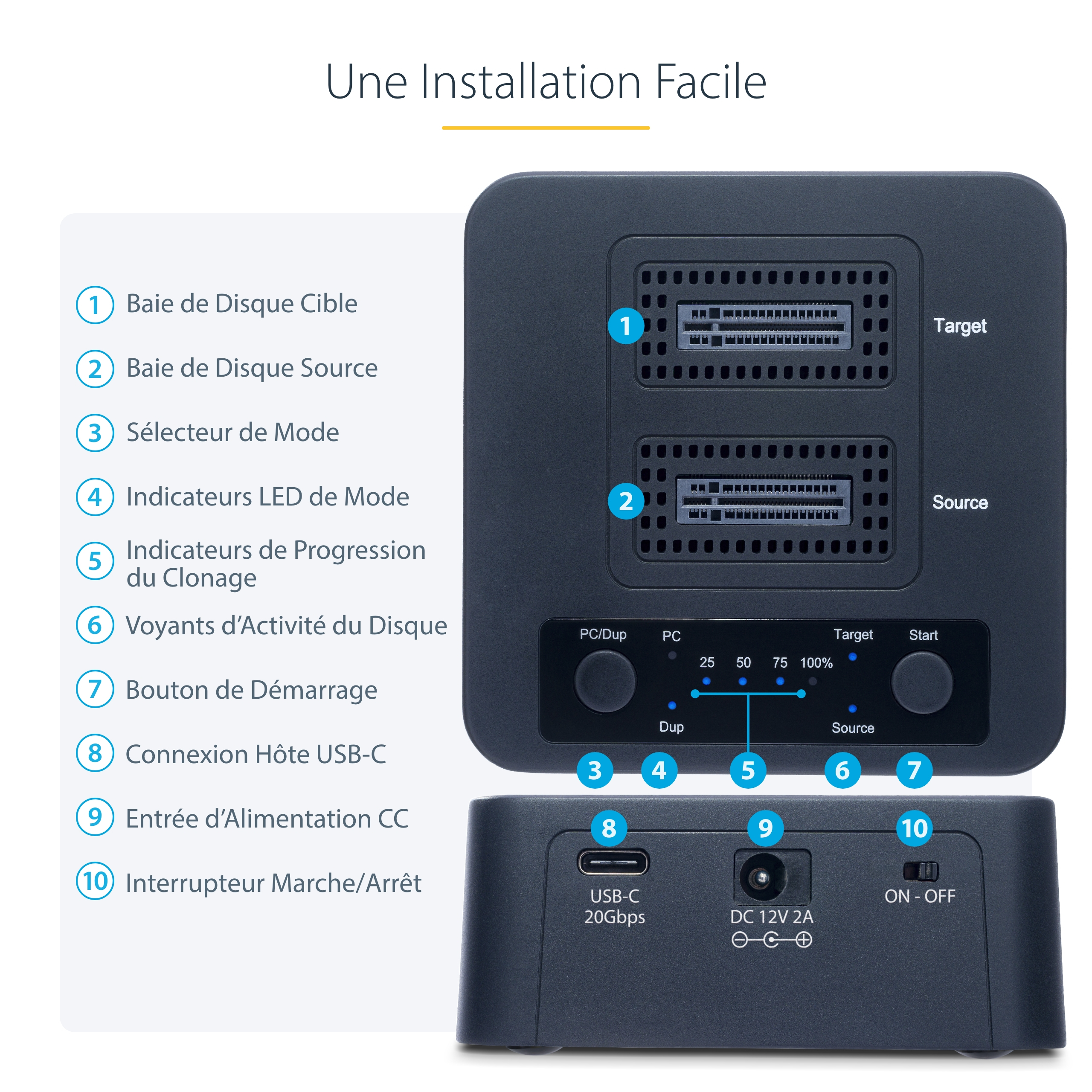 StarTech.com Duplicateur de Disque M.2 NVMe 1:1, Clonage/Copie Autonome de SSD M.2 Jusqu'à 90Go/min, Station d'Accueil de Disque Dur M.2 USB 3.2 20 Gbps à Deux Baies, Câbles USB-C/A Inclus