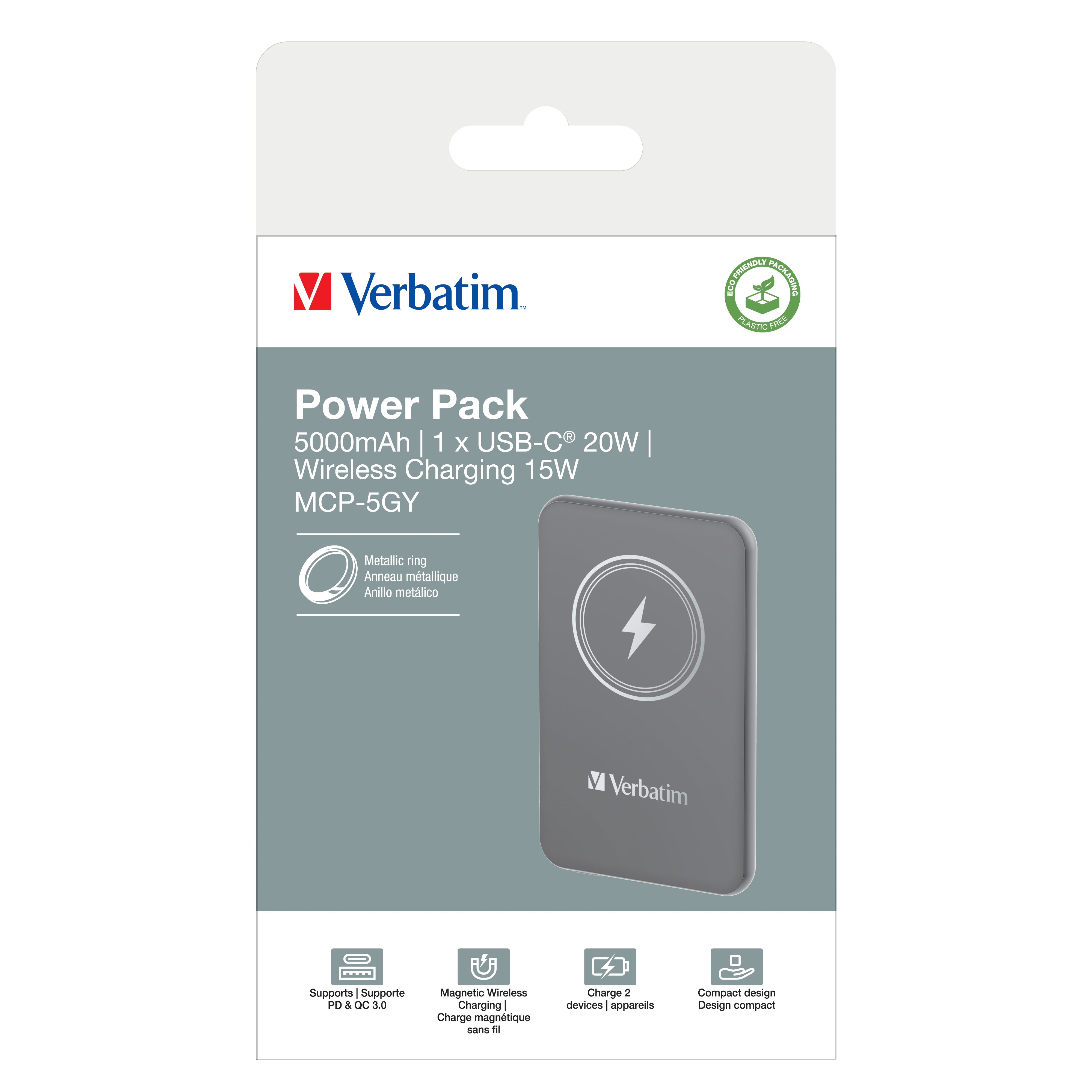 Verbatim Charge 'n' Go Lithium Polymère (LiPo) 5000 mAh Recharge sans fil Gris