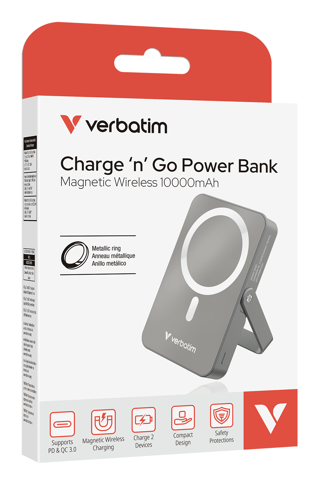 Verbatim Charge 'n' Go Magnetic Wireless Lithium Polymère (LiPo) 10000 mAh Recharge sans fil Gris