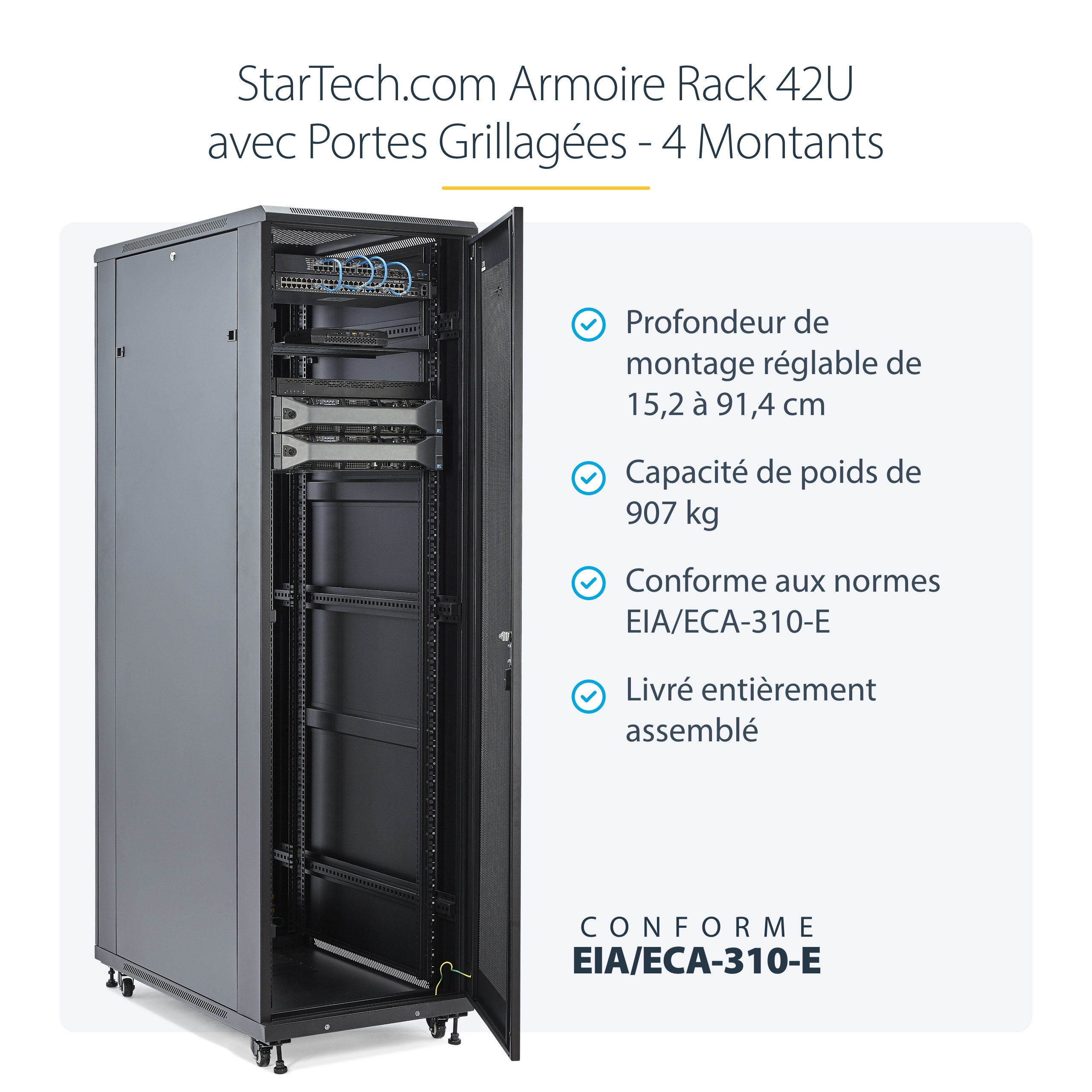 StarTech.com Rack Serveur 42U à 4 Montants, Rack de Données 19" pour Ordinateur / AV / Équipement IT, Rack Serveur avec Roulettes, Armoire Réseau Industrielle Pleine Taille