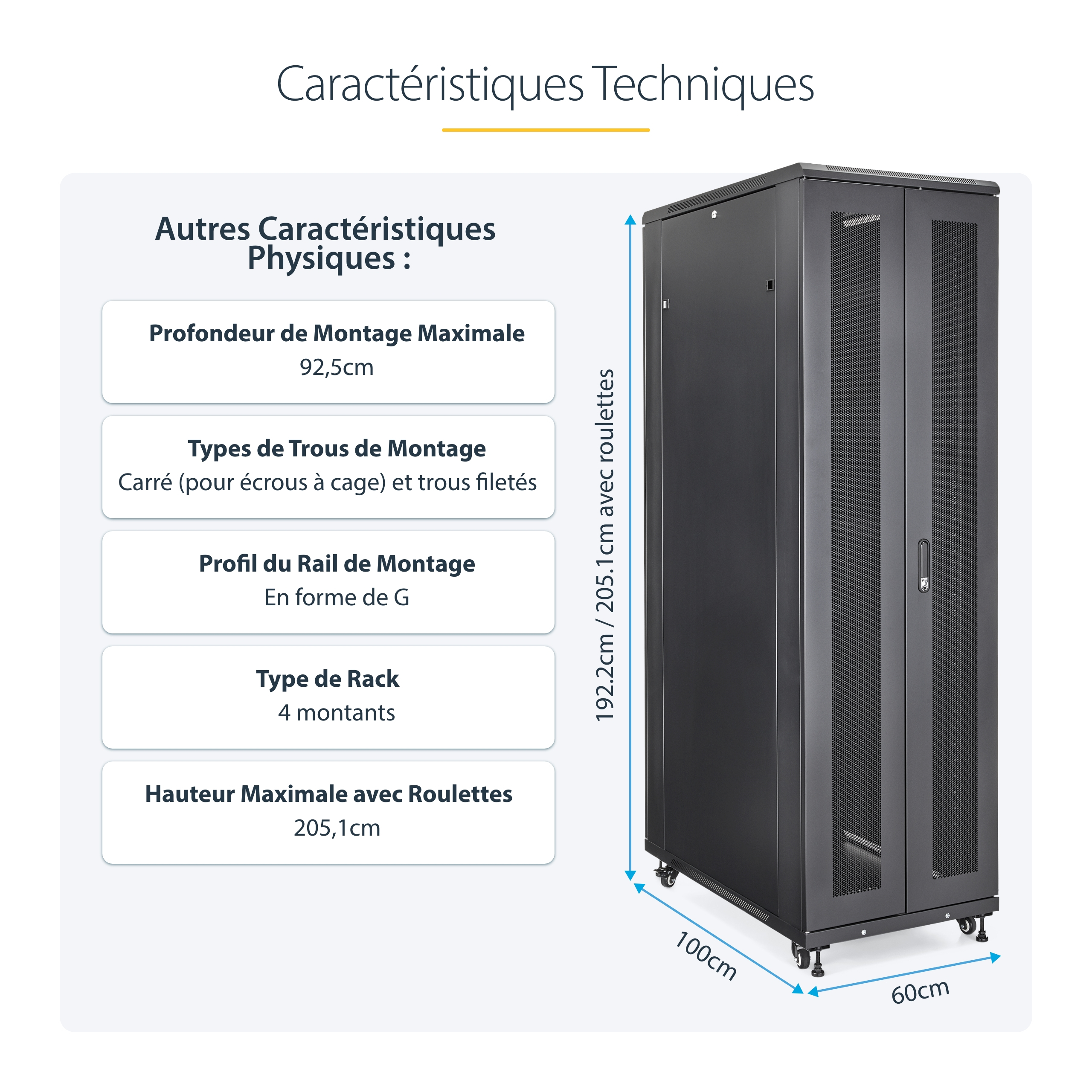 StarTech.com Rack Serveur 42U à 4 Montants, Rack de Données 19" pour Ordinateur / AV / Équipement IT, Rack Serveur avec Roulettes, Armoire Réseau Industrielle Pleine Taille