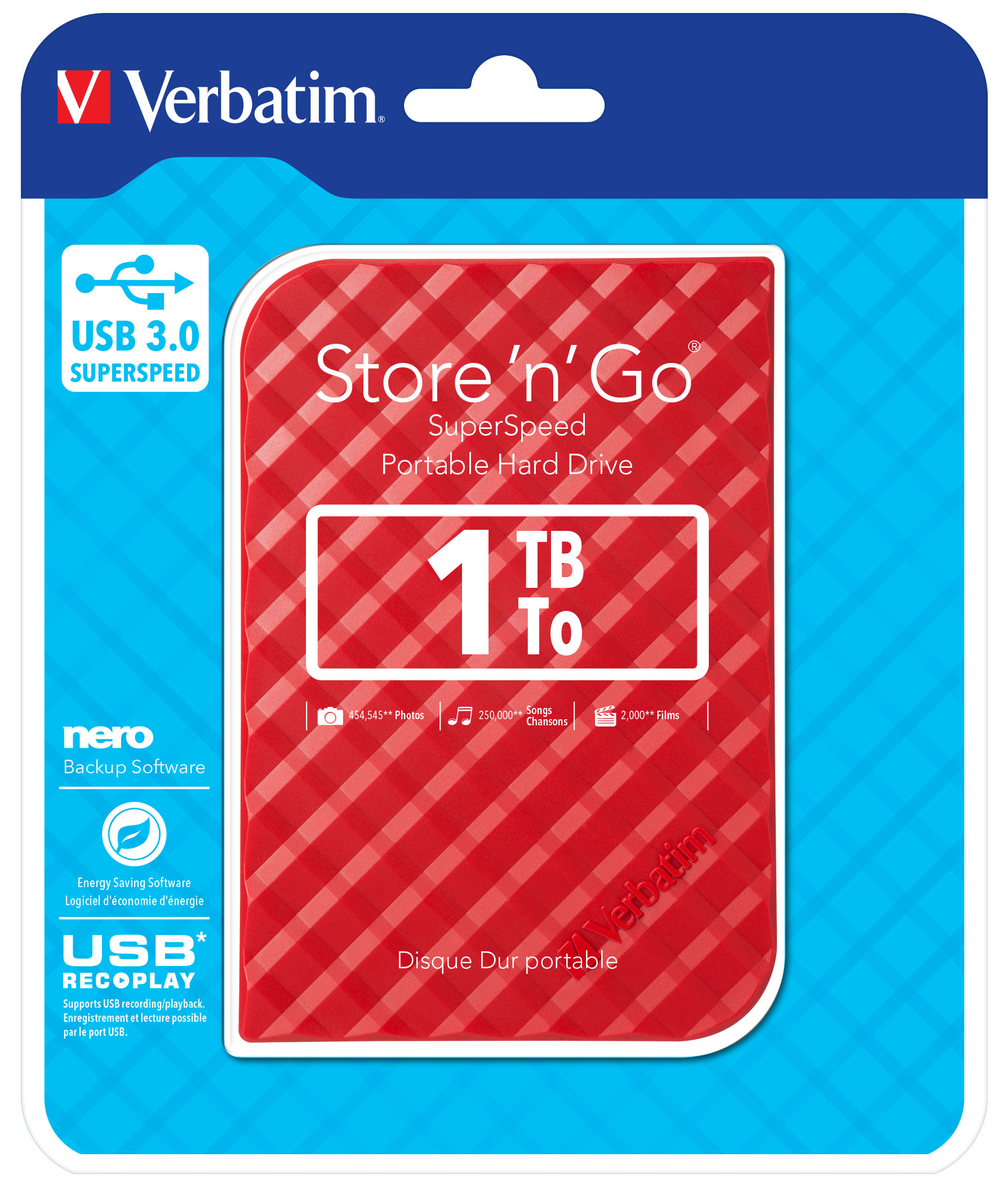 Verbatim Disque dur portable USB Store 'n' Go 3.0, 1 To - Rouge
